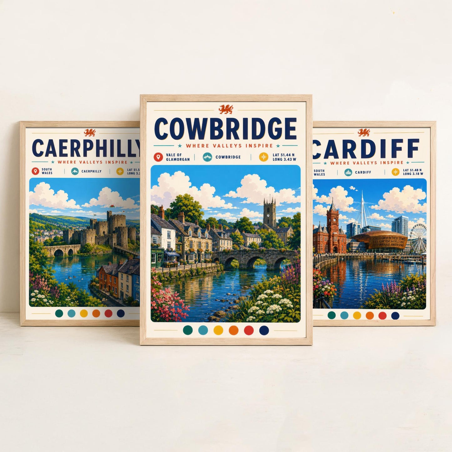 Wales Set of Three Travel Posters - Caerphilly, Cardiff, Cowbridge - South Wales Art Print Illustration Gift Welsh Decor