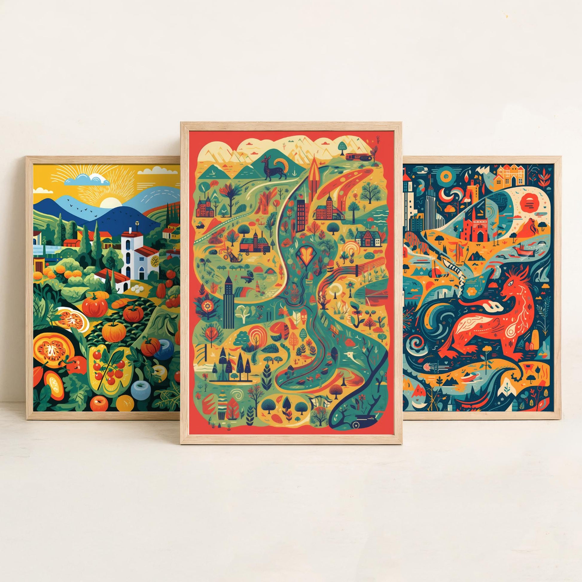 Wales Countryside Dragon Map Set of Three Art Prints | Modern Welsh Illustration Poster