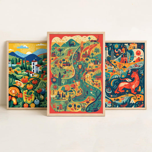 Wales Countryside Dragon Map Set of Three Art Prints | Modern Welsh Illustration Poster