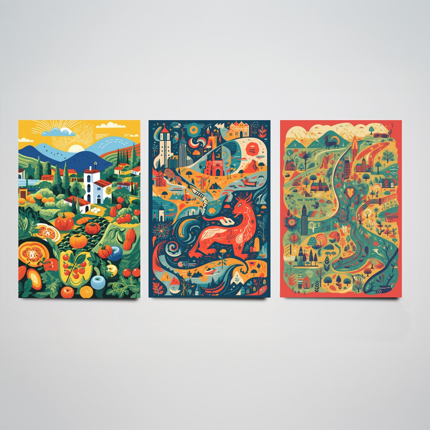Wales Countryside Dragon Map Set of Three Art Prints | Modern Welsh Illustration Poster