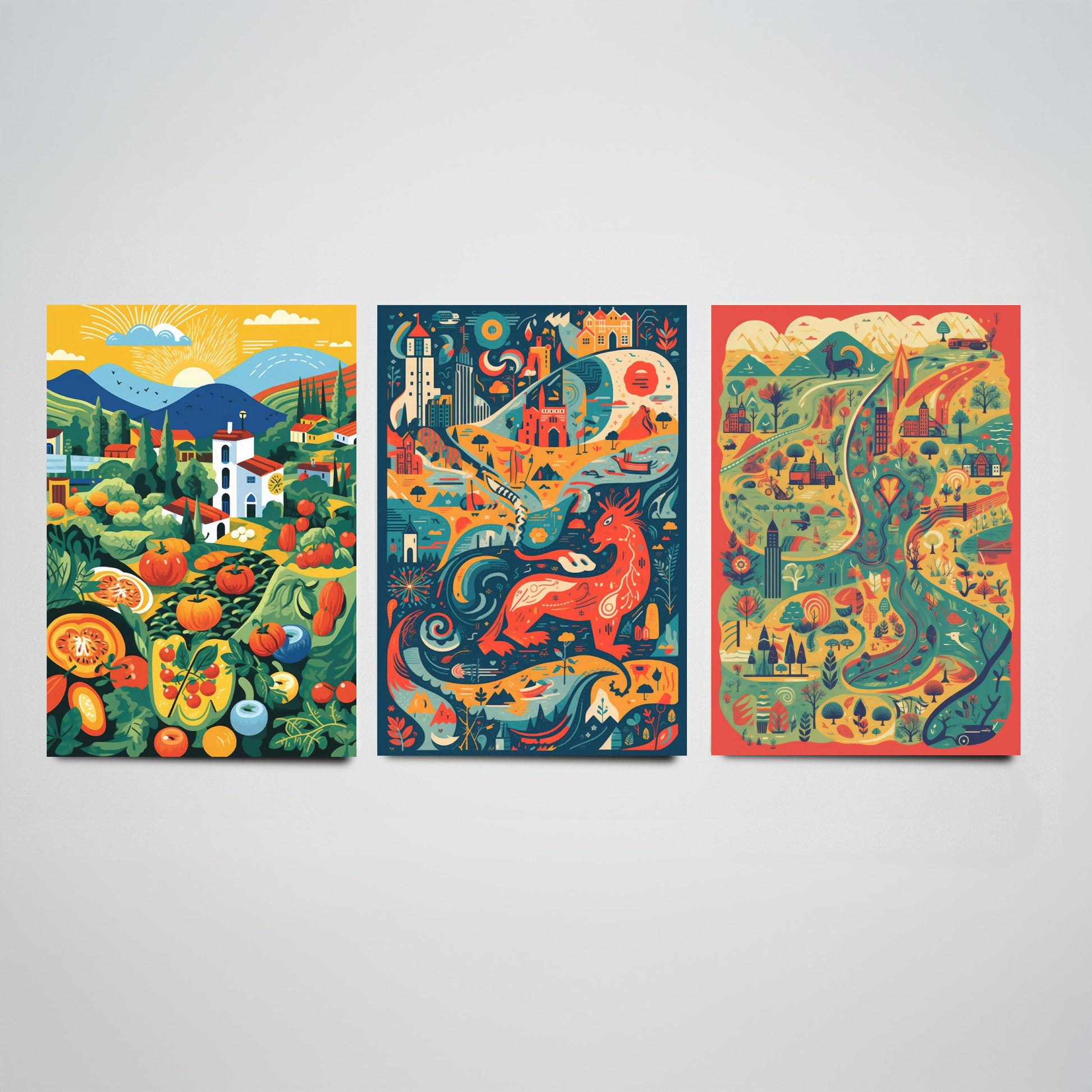 Wales Countryside Dragon Map Set of Three Art Prints | Modern Welsh Illustration Poster