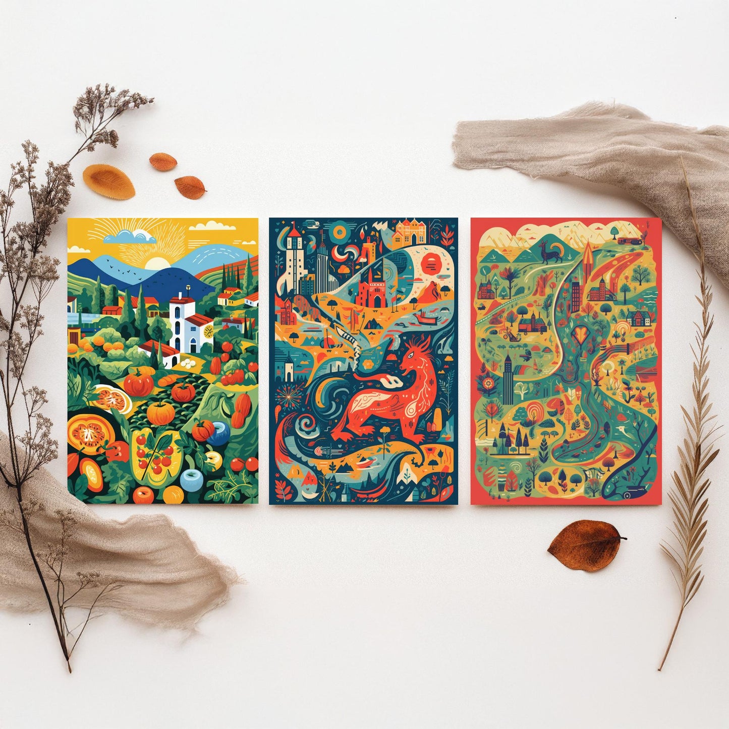 Wales Countryside Dragon Map Set of Three Art Prints | Modern Welsh Illustration Poster