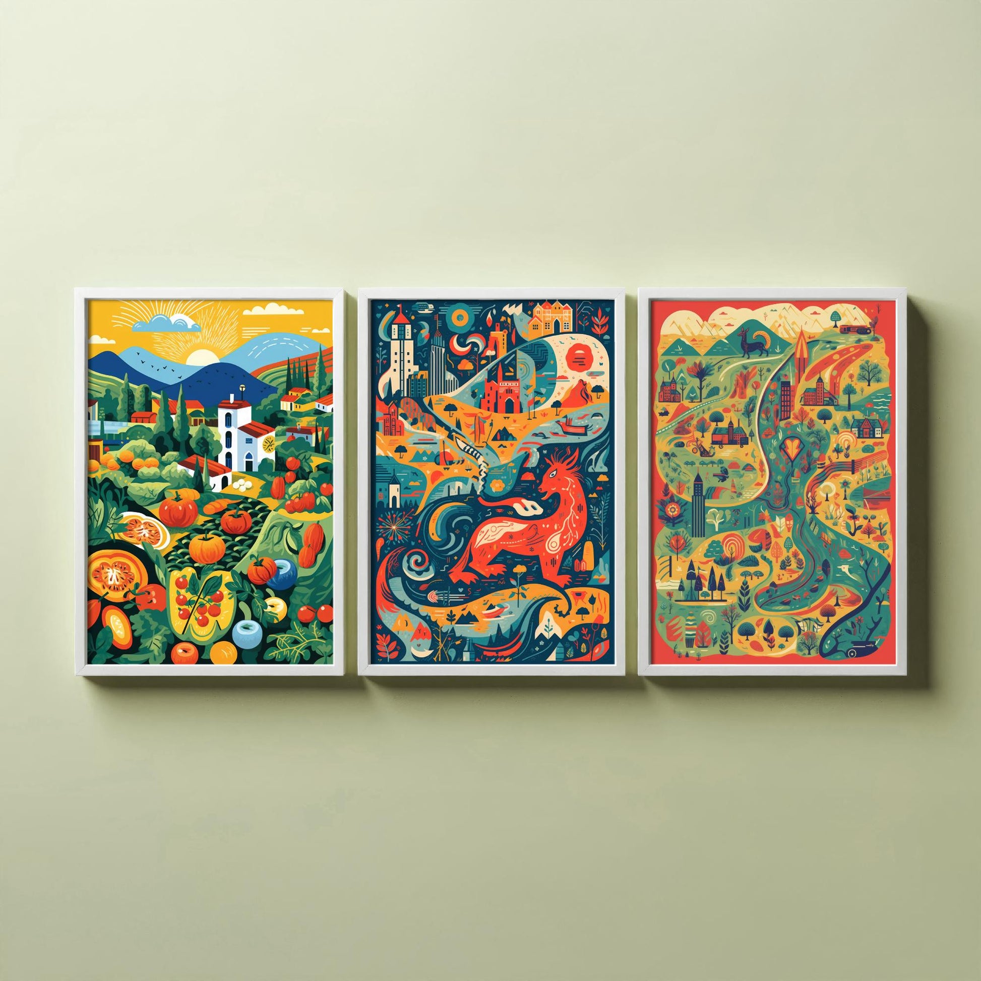 Wales Countryside Dragon Map Set of Three Art Prints | Modern Welsh Illustration Poster