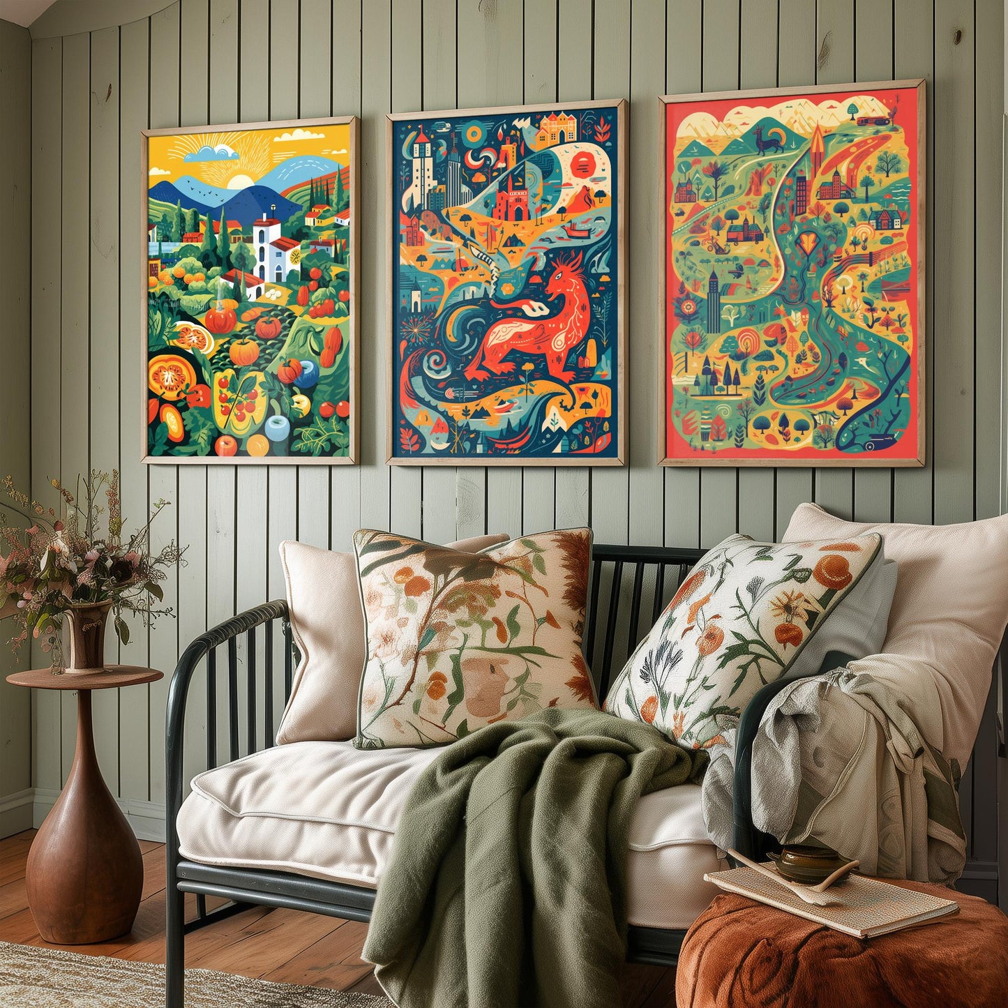 Wales Countryside Dragon Map Set of Three Art Prints | Modern Welsh Illustration Poster