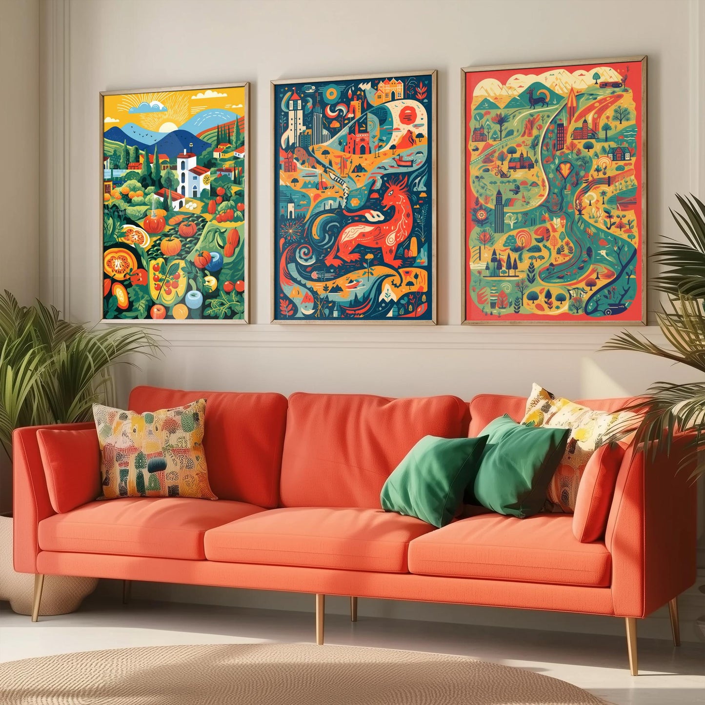 Wales Countryside Dragon Map Set of Three Art Prints | Modern Welsh Illustration Poster