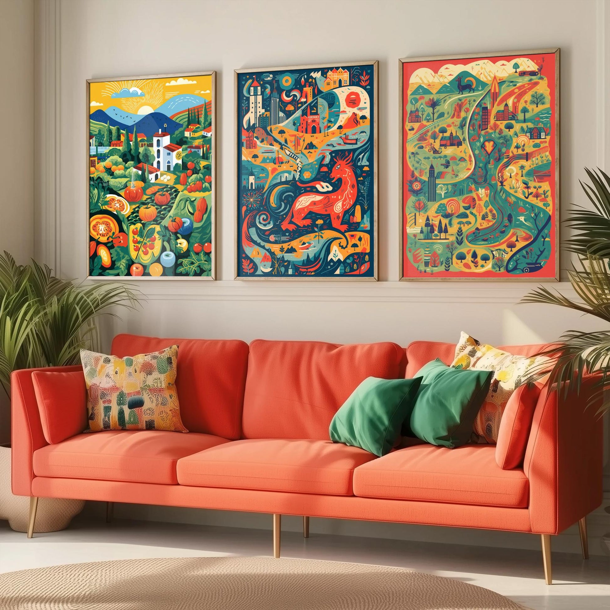 Wales Countryside Dragon Map Set of Three Art Prints | Modern Welsh Illustration Poster