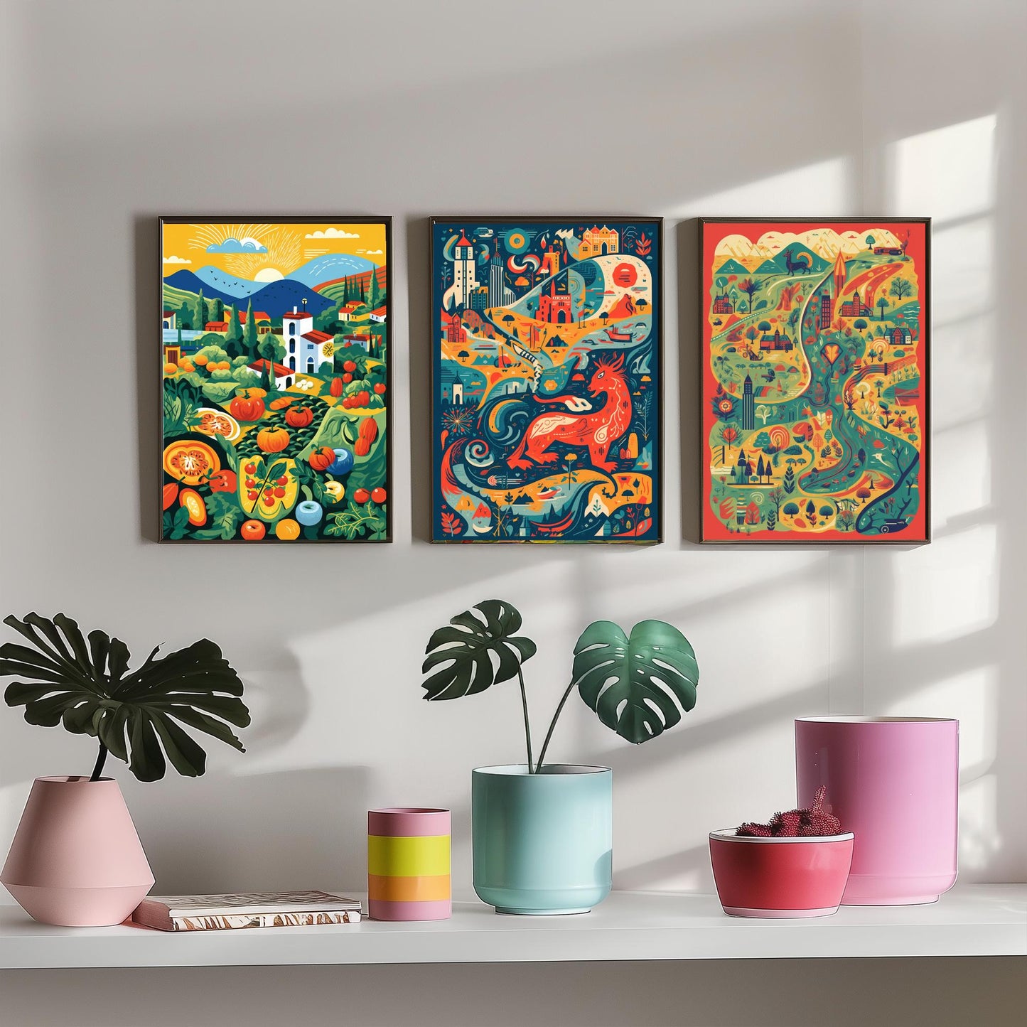 Wales Countryside Dragon Map Set of Three Art Prints | Modern Welsh Illustration Poster