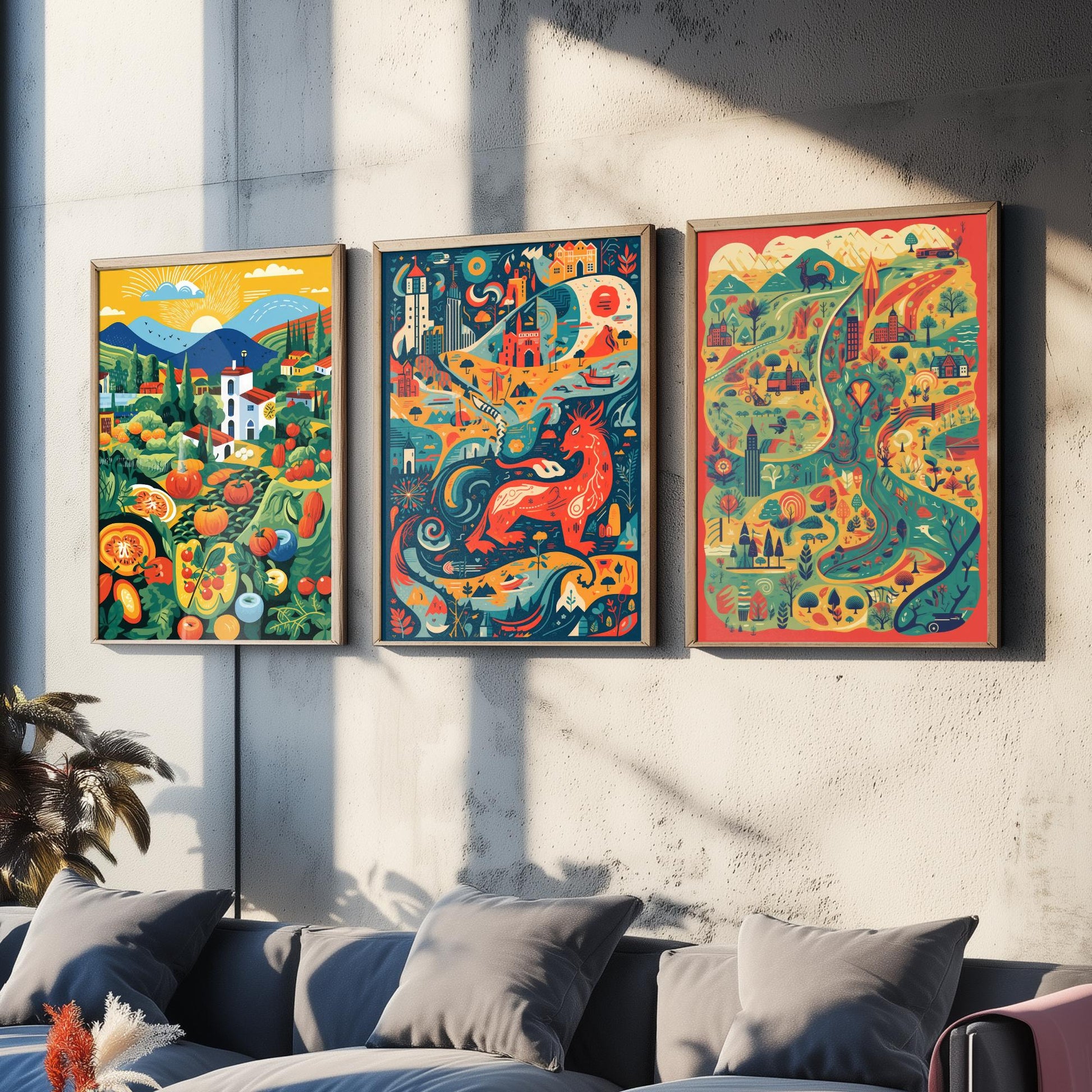 Wales Countryside Dragon Map Set of Three Art Prints | Modern Welsh Illustration Poster