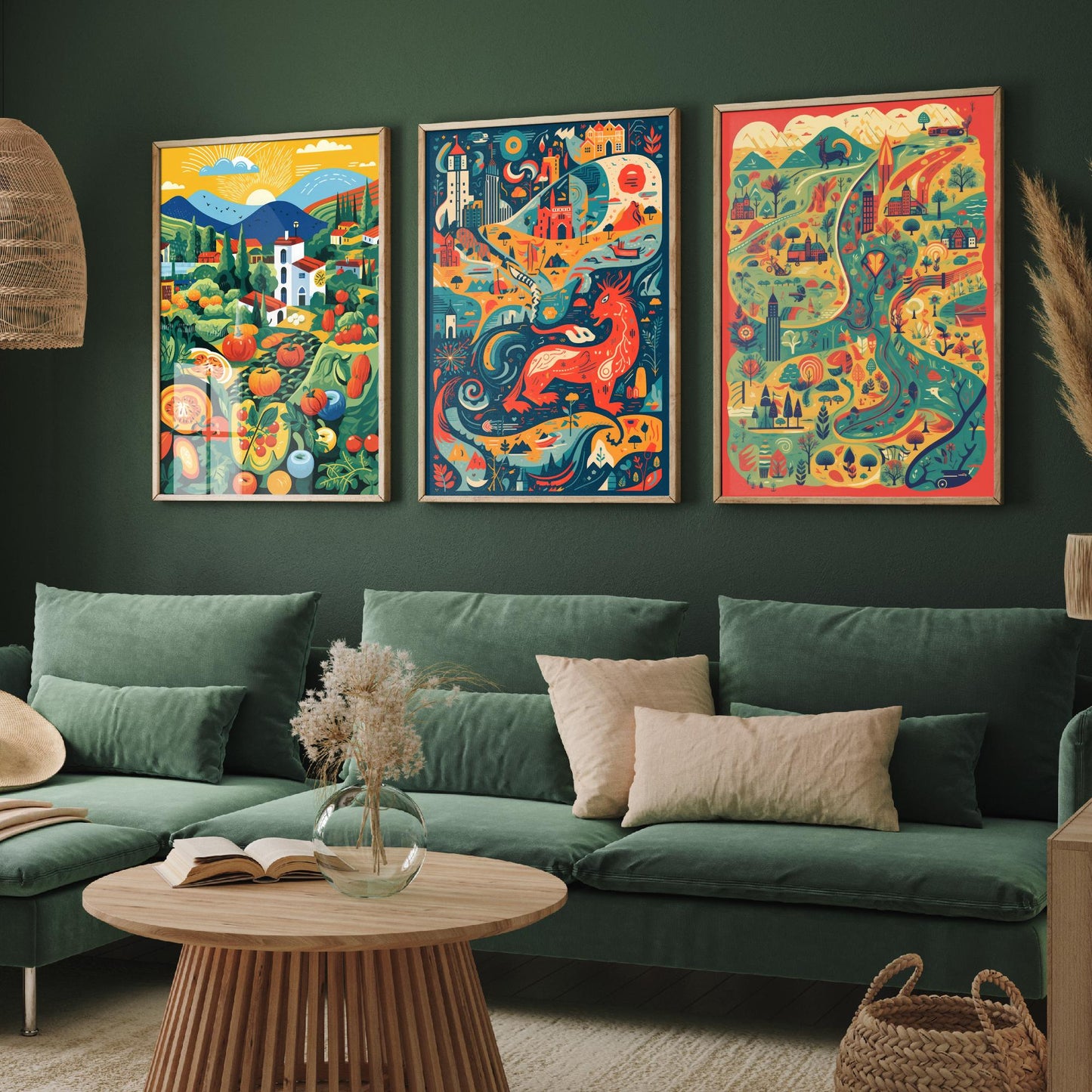 Wales Countryside Dragon Map Set of Three Art Prints | Modern Welsh Illustration Poster