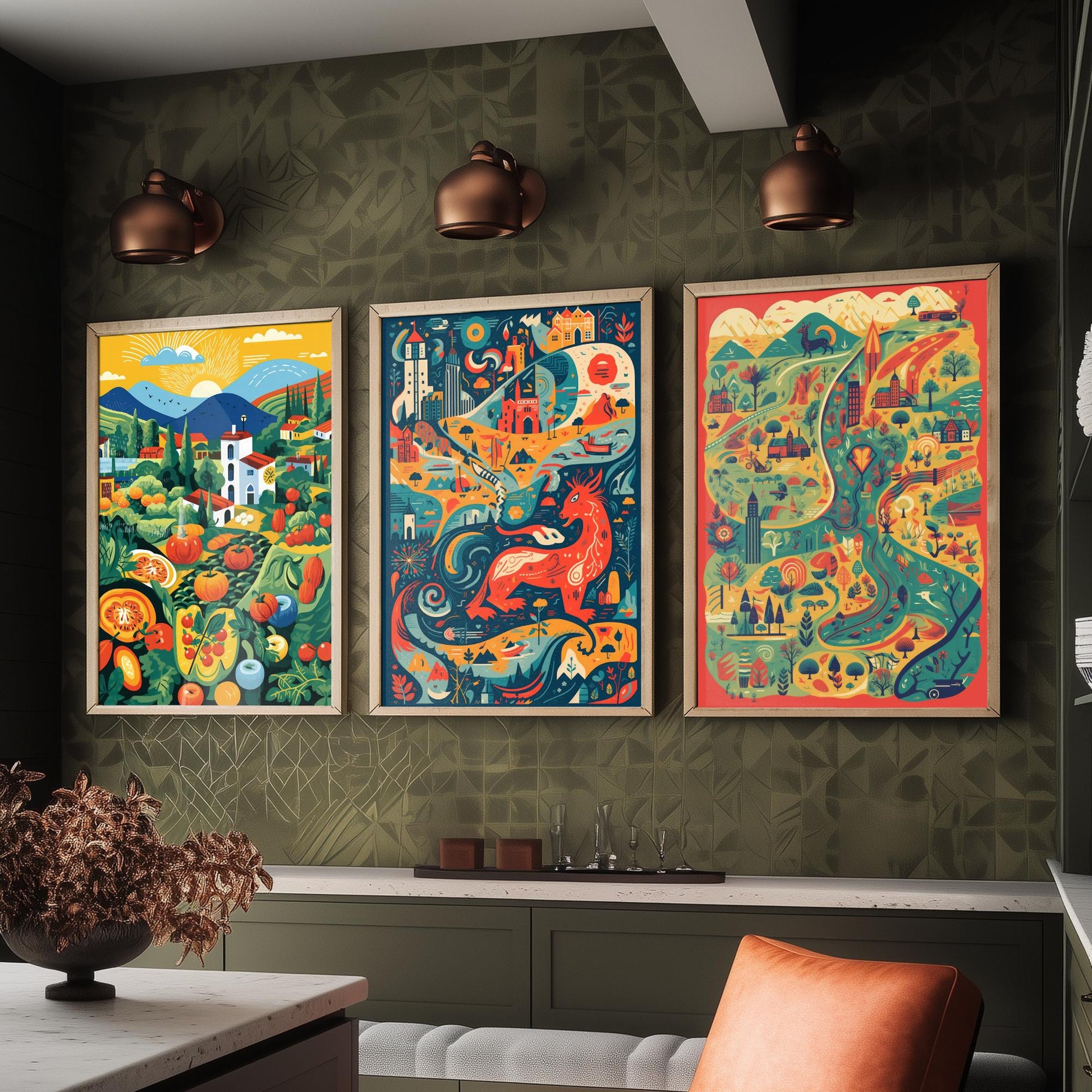 Wales Countryside Dragon Map Set of Three Art Prints | Modern Welsh Illustration Poster