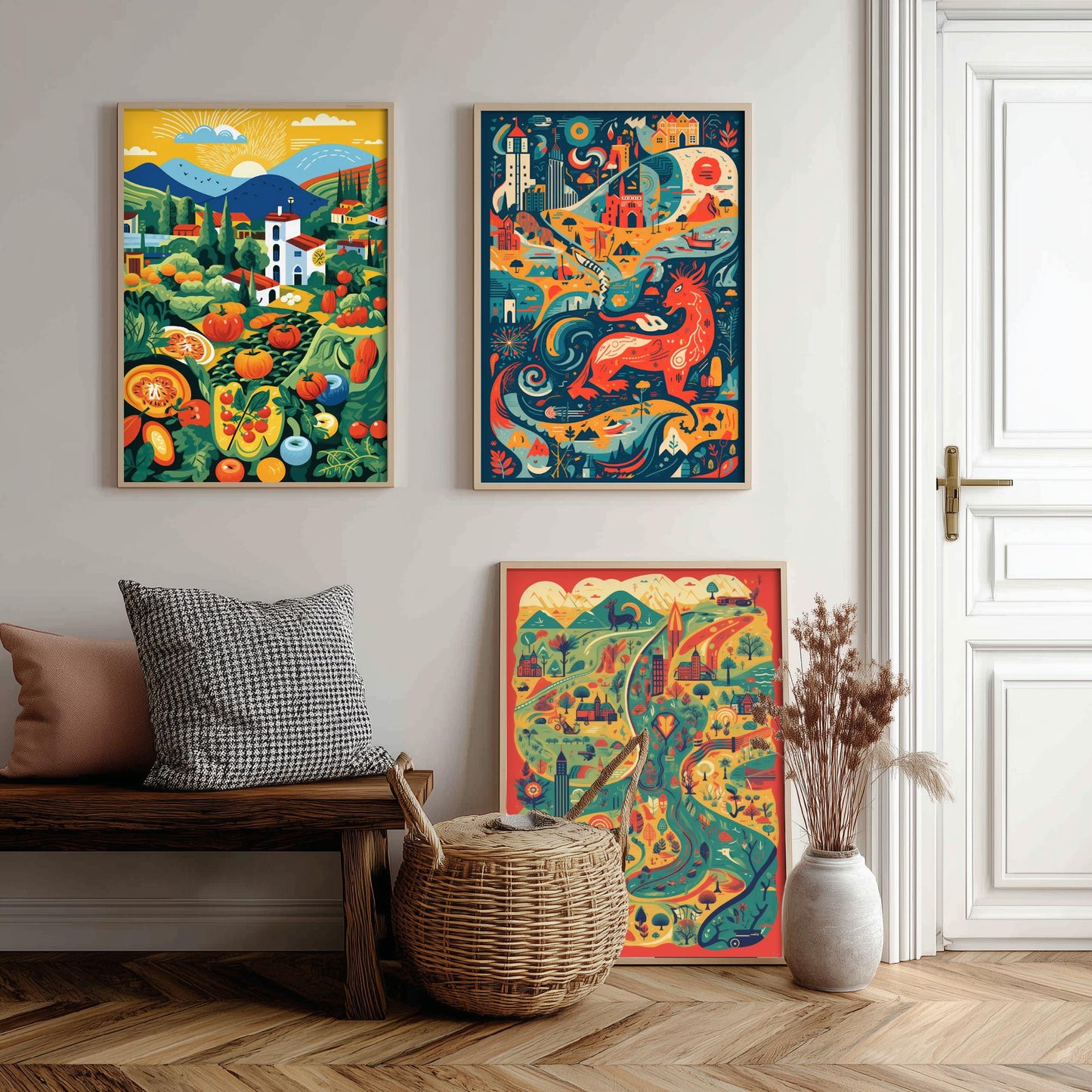 Wales Countryside Dragon Map Set of Three Art Prints | Modern Welsh Illustration Poster