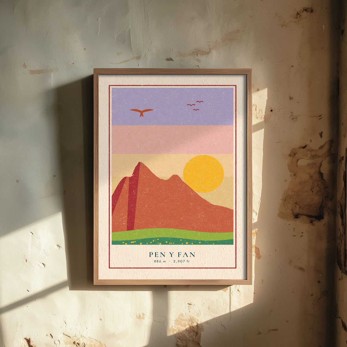 Pen y Fan Poster - Brecon Beacons Sunset Art Print - Retro Linocut Mountain Woodcut V2 2/3