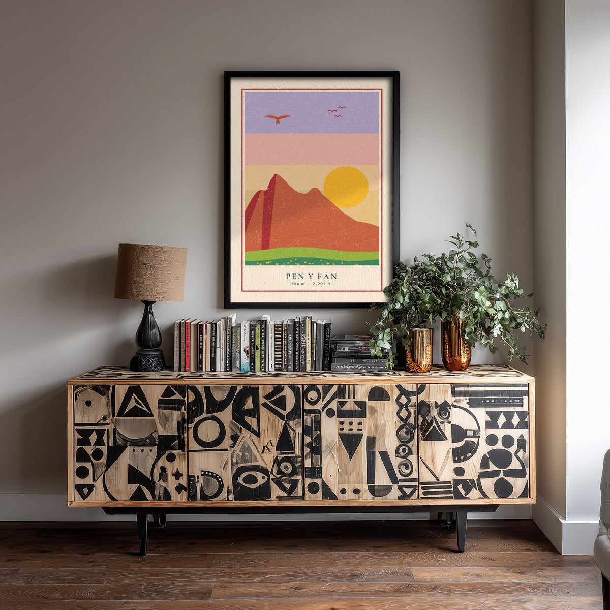 Pen y Fan Poster - Brecon Beacons Sunset Art Print - Retro Linocut Mountain Woodcut V2 2/3