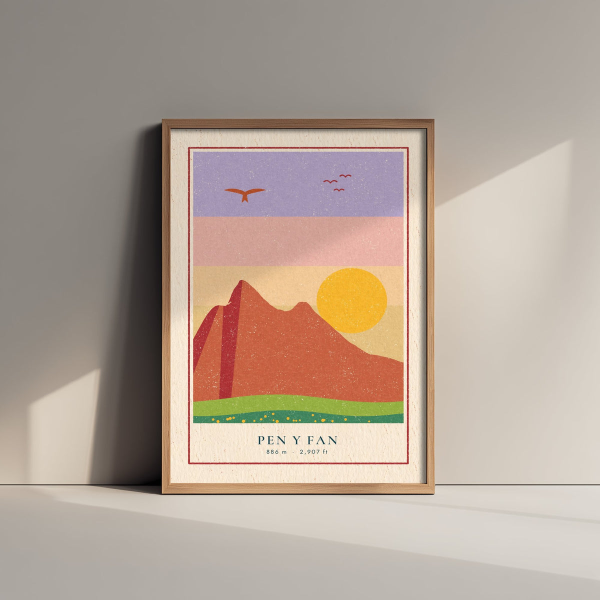 Pen y Fan Poster - Brecon Beacons Sunset Art Print - Retro Linocut Mountain Woodcut V2 2/3