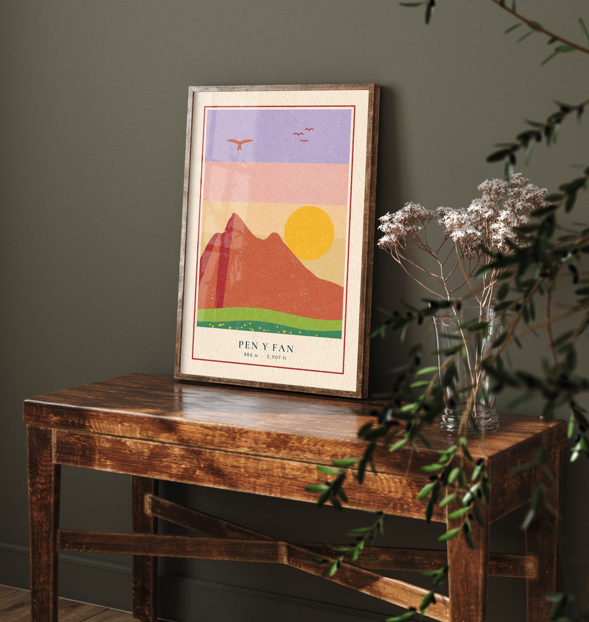 Pen y Fan Poster - Brecon Beacons Sunset Art Print - Retro Linocut Mountain Woodcut V2 2/3