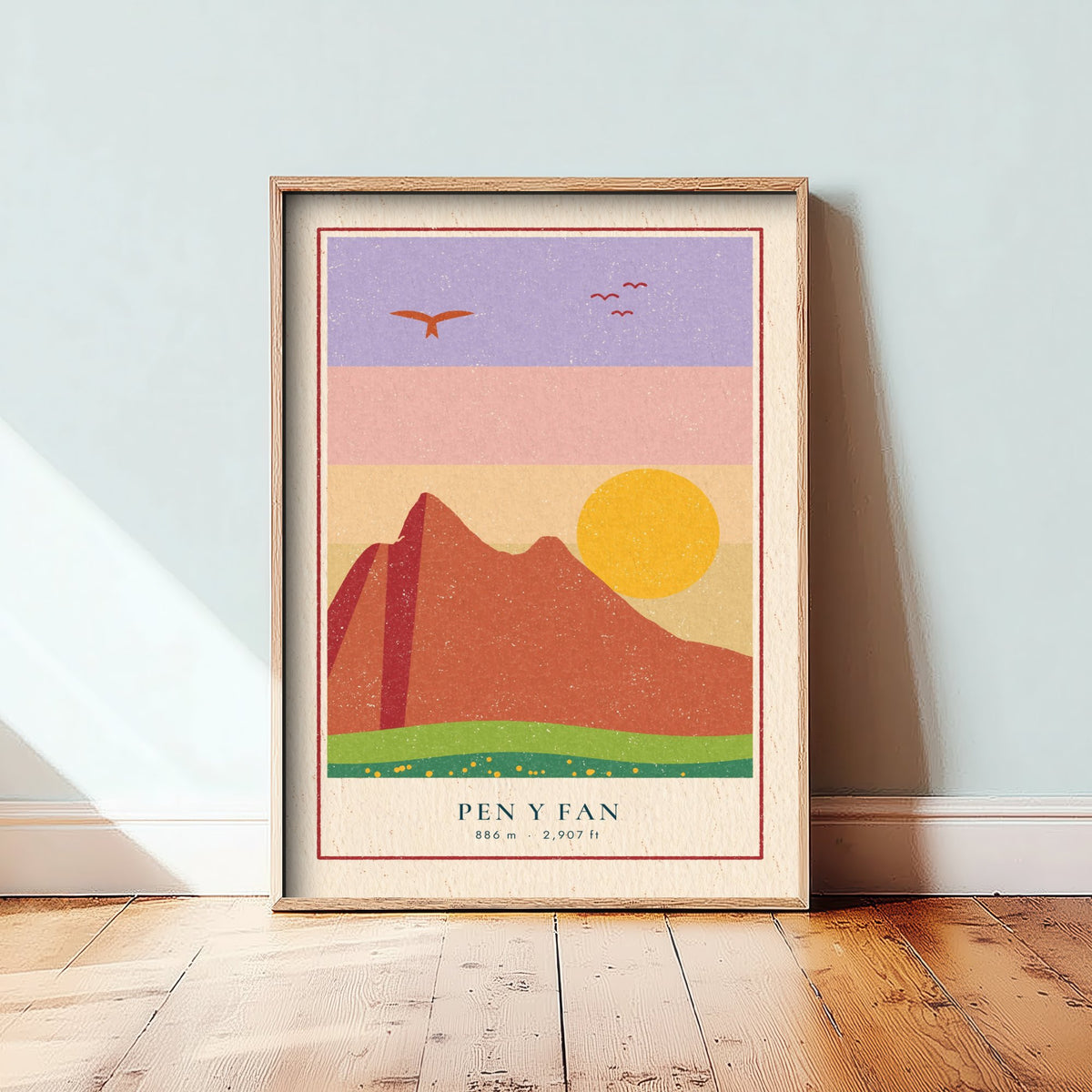 Pen y Fan Poster - Brecon Beacons Sunset Art Print - Retro Linocut Mountain Woodcut V2 2/3