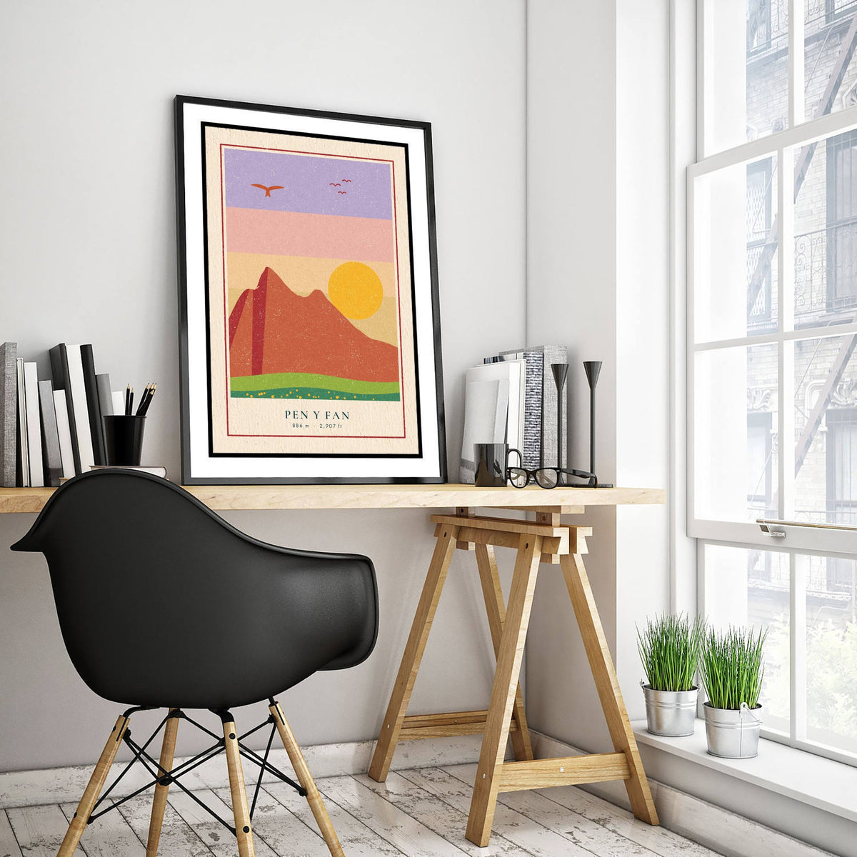 Pen y Fan Poster - Brecon Beacons Sunset Art Print - Retro Linocut Mountain Woodcut V2 2/3