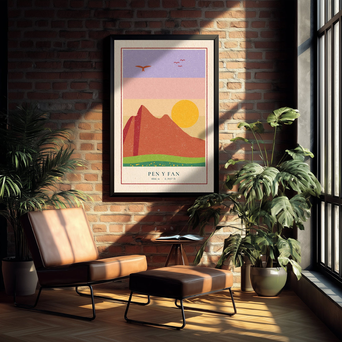 Pen y Fan Poster - Brecon Beacons Sunset Art Print - Retro Linocut Mountain Woodcut V2 2/3