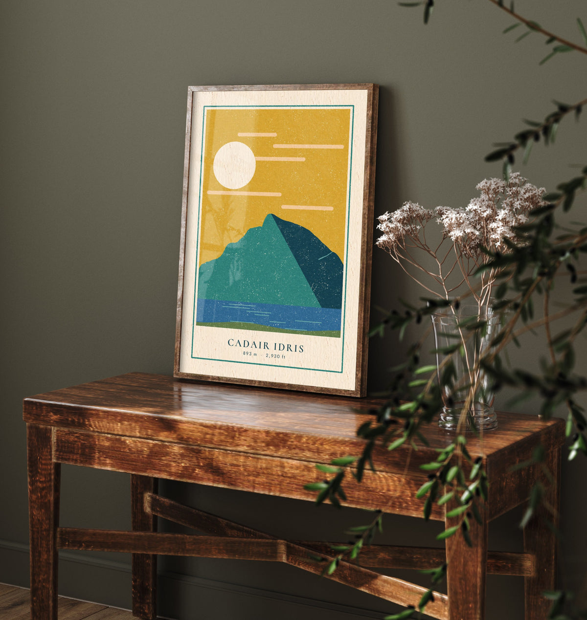 Cadair Idris Art Print - Mustard Sky Lake Poster - Welsh Mountain Linocut Woodcut V2 3/3
