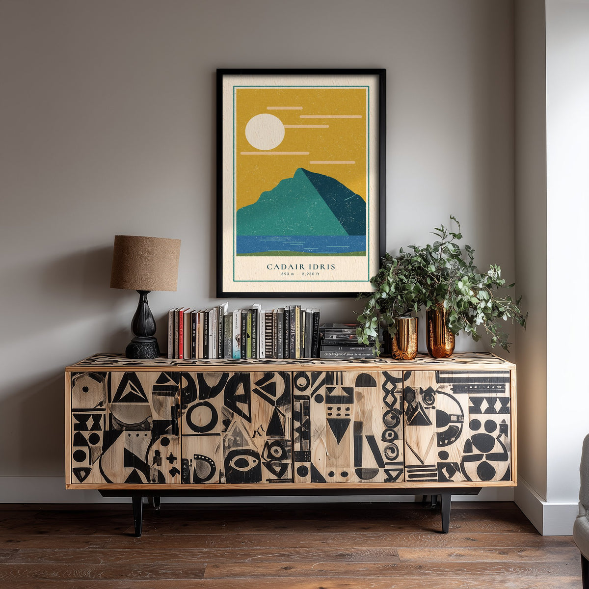 Cadair Idris Art Print - Mustard Sky Lake Poster - Welsh Mountain Linocut Woodcut V2 3/3