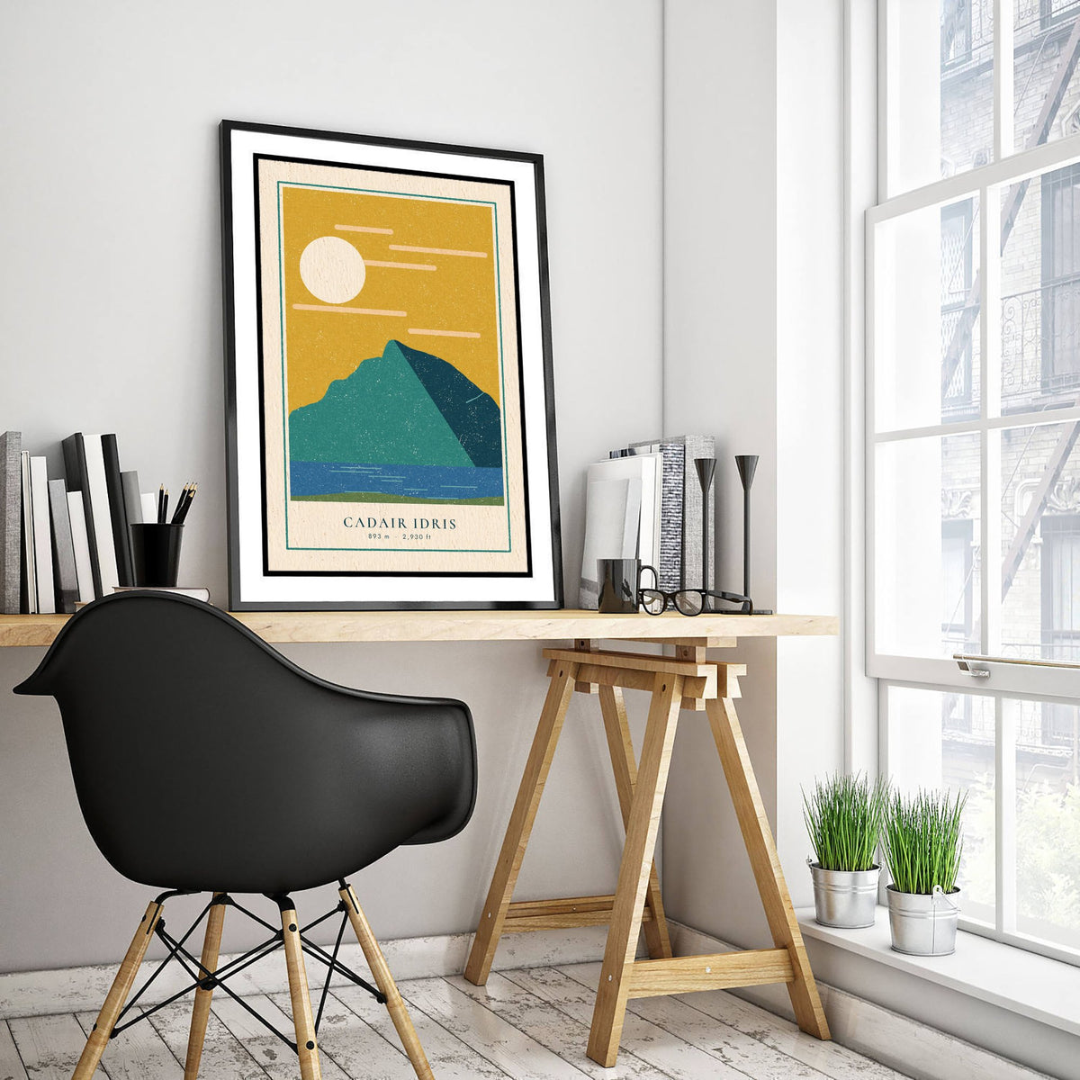 Cadair Idris Art Print - Mustard Sky Lake Poster - Welsh Mountain Linocut Woodcut V2 3/3