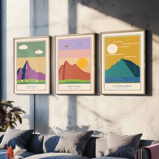 Welsh Mountain Set of Three Art Prints - Cnicht, Pen y Fan, Cadair Idris - Linocut Style Poster Illustration V2