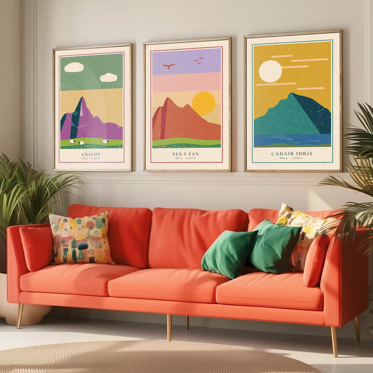 Welsh Mountain Set of Three Art Prints - Cnicht, Pen y Fan, Cadair Idris - Linocut Style Poster Illustration V2