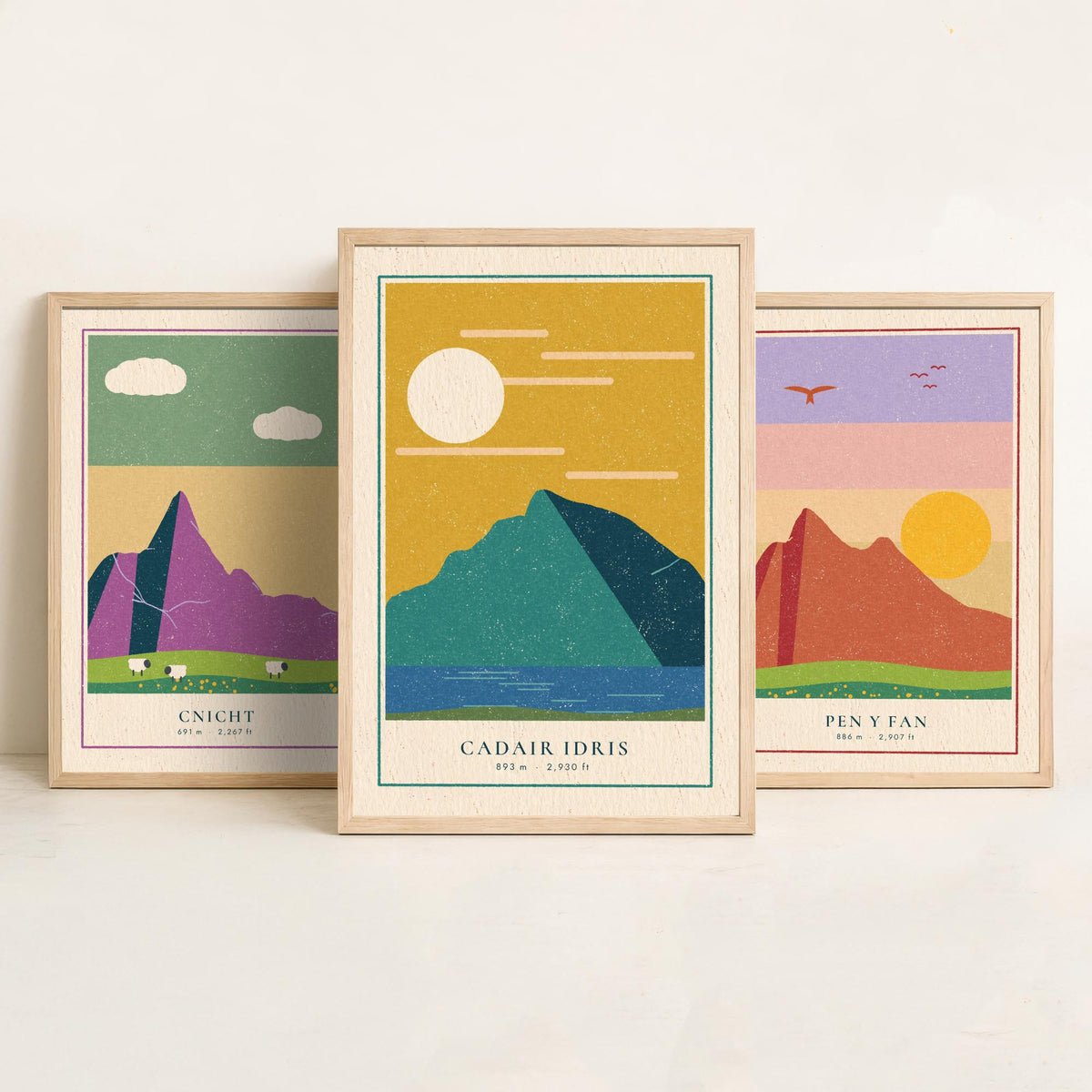 Welsh Mountain Set of Three Art Prints - Cnicht, Pen y Fan, Cadair Idris - Linocut Style Poster Illustration V2