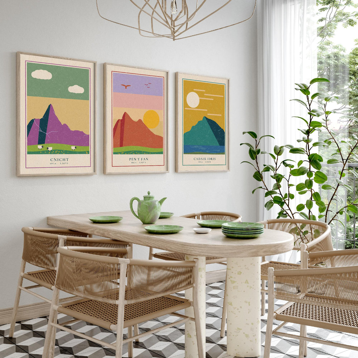Welsh Mountain Set of Three Art Prints - Cnicht, Pen y Fan, Cadair Idris - Linocut Style Poster Illustration V2