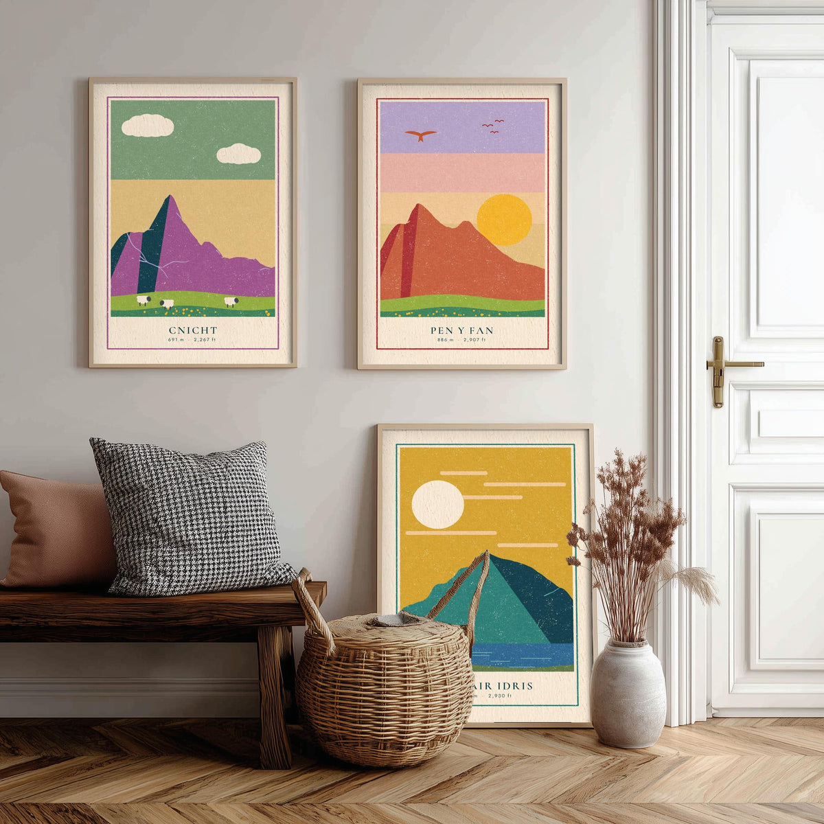 Welsh Mountain Set of Three Art Prints - Cnicht, Pen y Fan, Cadair Idris - Linocut Style Poster Illustration V2