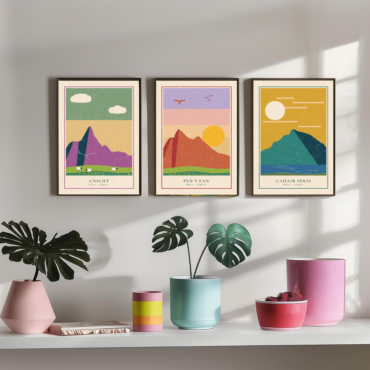 Welsh Mountain Set of Three Art Prints - Cnicht, Pen y Fan, Cadair Idris - Linocut Style Poster Illustration V2