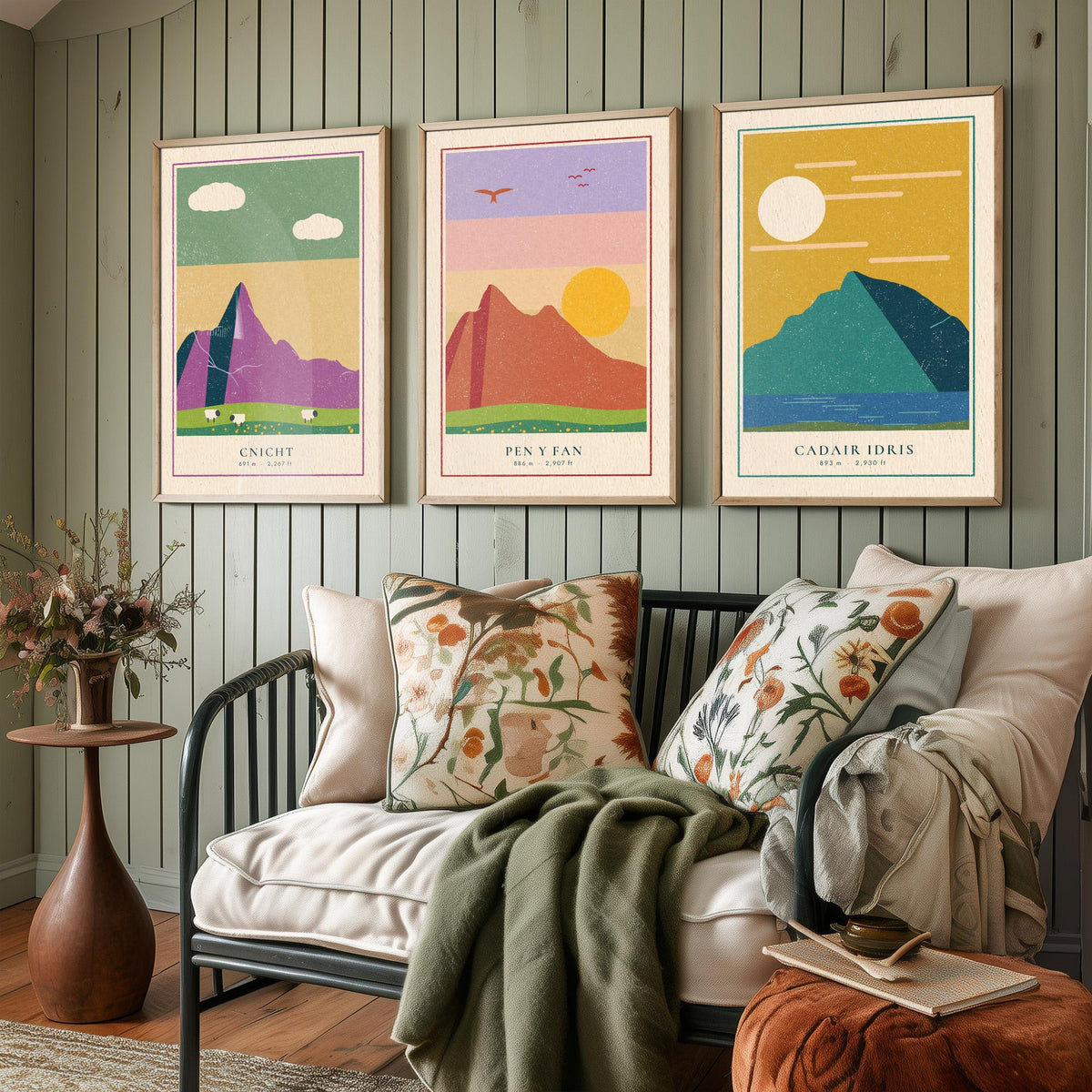 Welsh Mountain Set of Three Art Prints - Cnicht, Pen y Fan, Cadair Idris - Linocut Style Poster Illustration V2