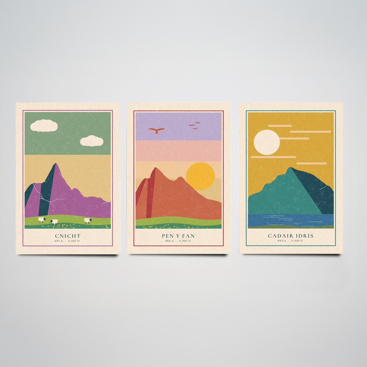 Welsh Mountain Set of Three Art Prints - Cnicht, Pen y Fan, Cadair Idris - Linocut Style Poster Illustration V2