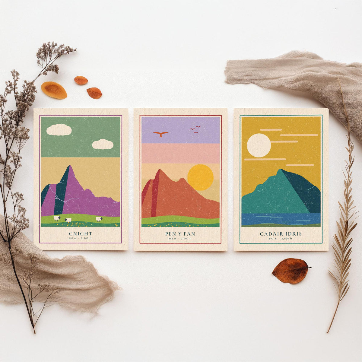 Welsh Mountain Set of Three Art Prints - Cnicht, Pen y Fan, Cadair Idris - Linocut Style Poster Illustration V2