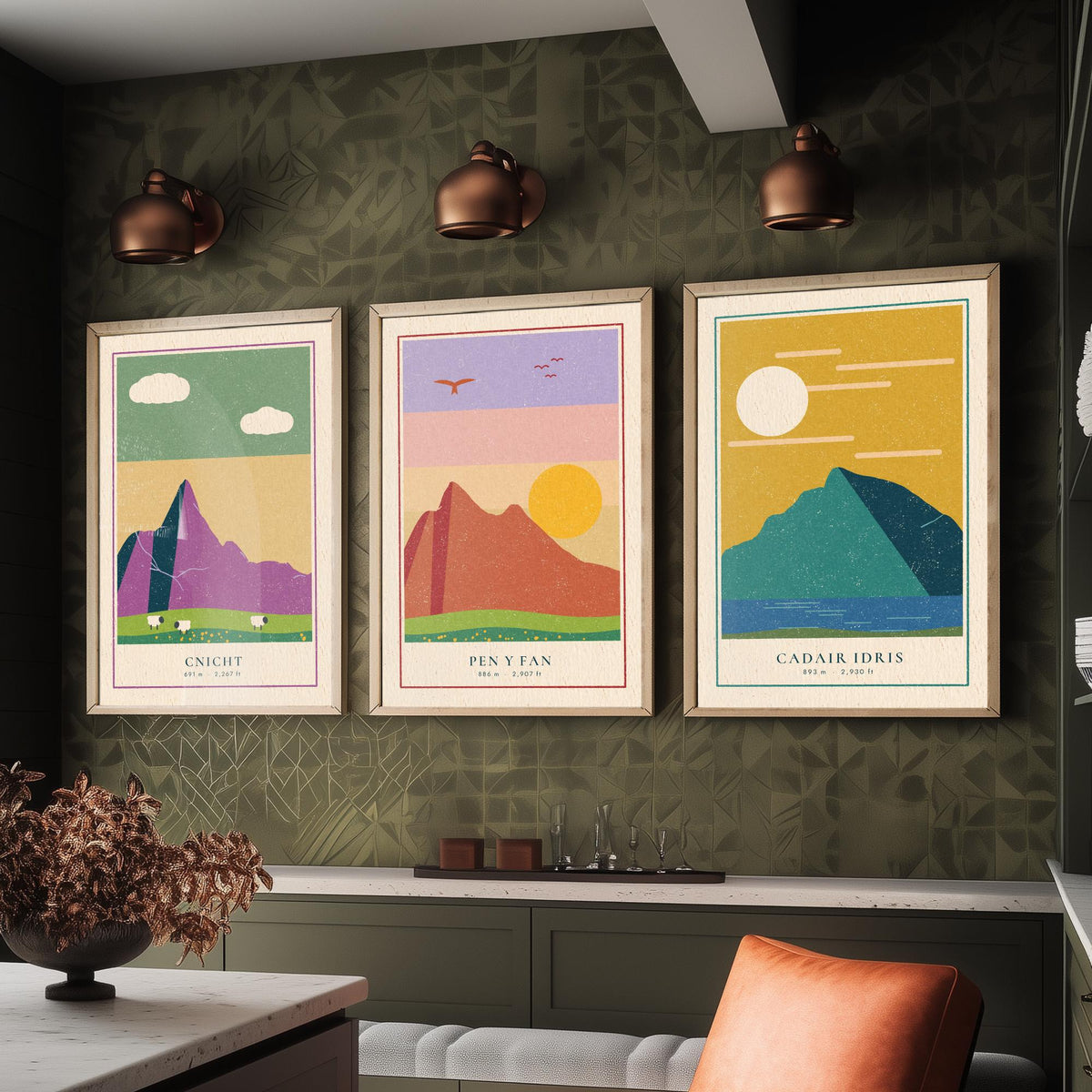 Welsh Mountain Set of Three Art Prints - Cnicht, Pen y Fan, Cadair Idris - Linocut Style Poster Illustration V2