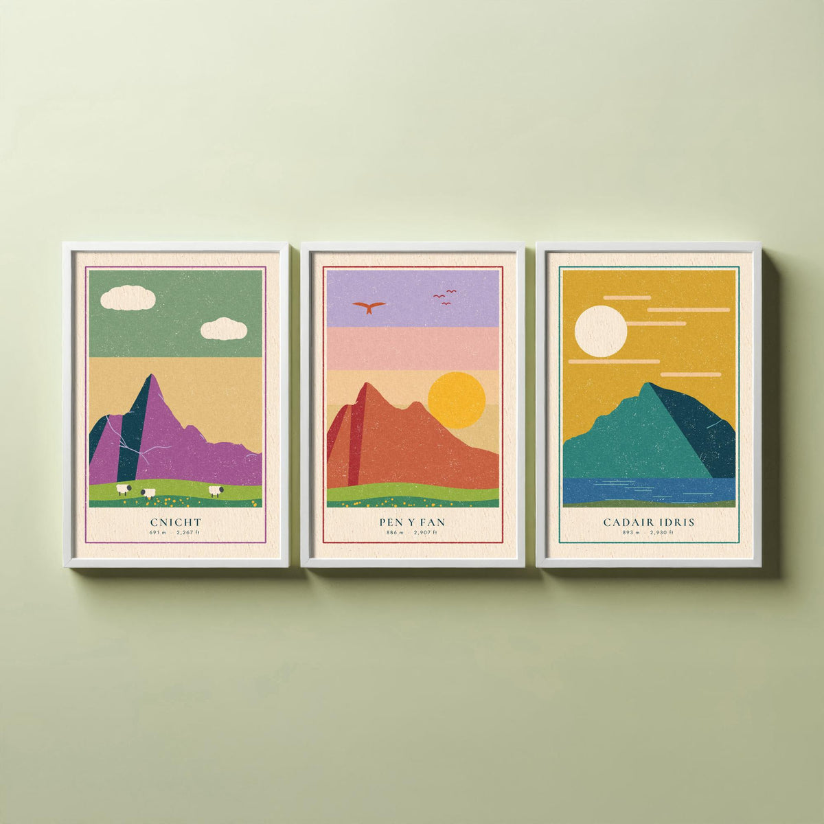 Welsh Mountain Set of Three Art Prints - Cnicht, Pen y Fan, Cadair Idris - Linocut Style Poster Illustration V2