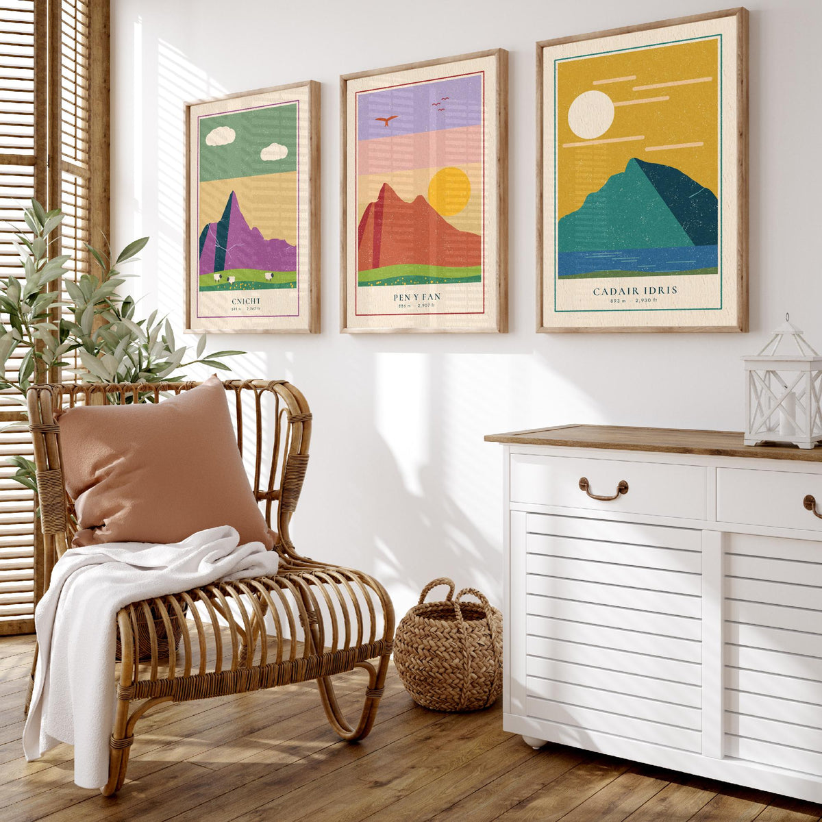 Welsh Mountain Set of Three Art Prints - Cnicht, Pen y Fan, Cadair Idris - Linocut Style Poster Illustration V2