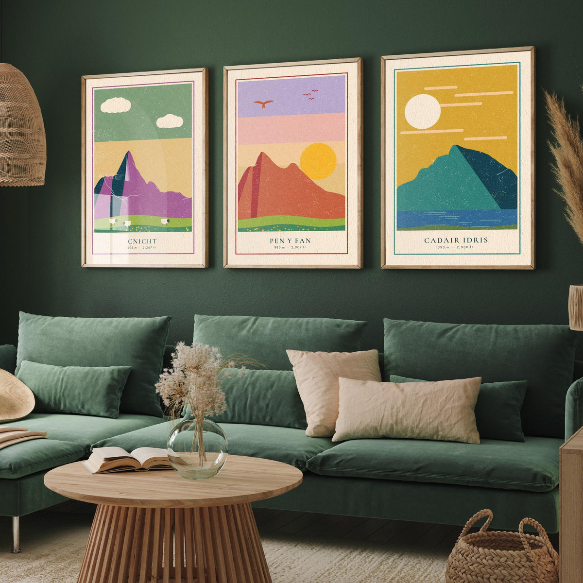 Welsh Mountain Set of Three Art Prints - Cnicht, Pen y Fan, Cadair Idris - Linocut Style Poster Illustration V2