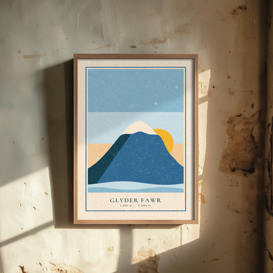 Glyder Fawr Art Print - Snowy Sunrise Eryri Poster - Retro Linocut Mountain Woodcut V1 1/3