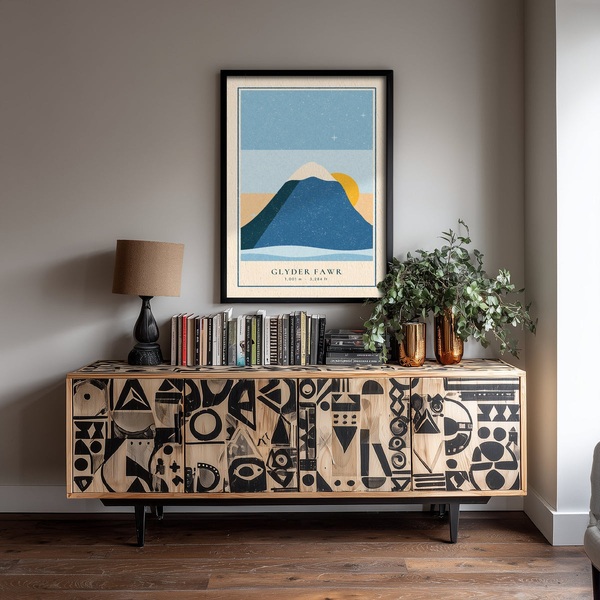 Glyder Fawr Art Print - Snowy Sunrise Eryri Poster - Retro Linocut Mountain Woodcut V1 1/3