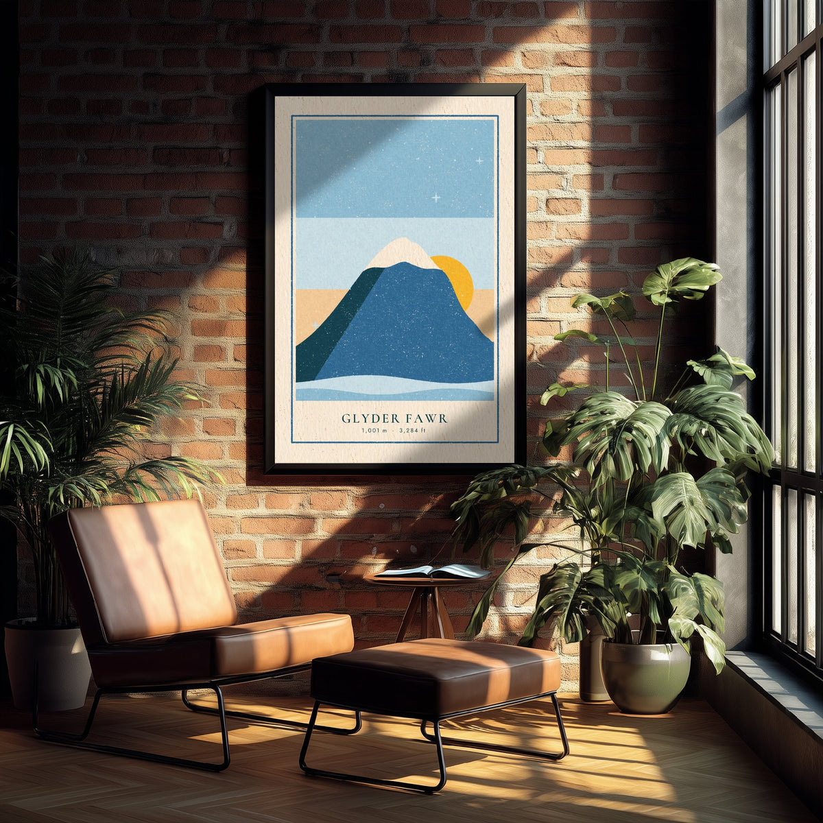 Glyder Fawr Art Print - Snowy Sunrise Eryri Poster - Retro Linocut Mountain Woodcut V1 1/3