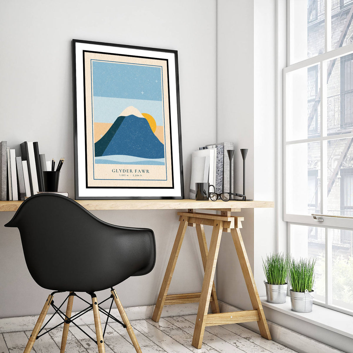 Glyder Fawr Art Print - Snowy Sunrise Eryri Poster - Retro Linocut Mountain Woodcut V1 1/3
