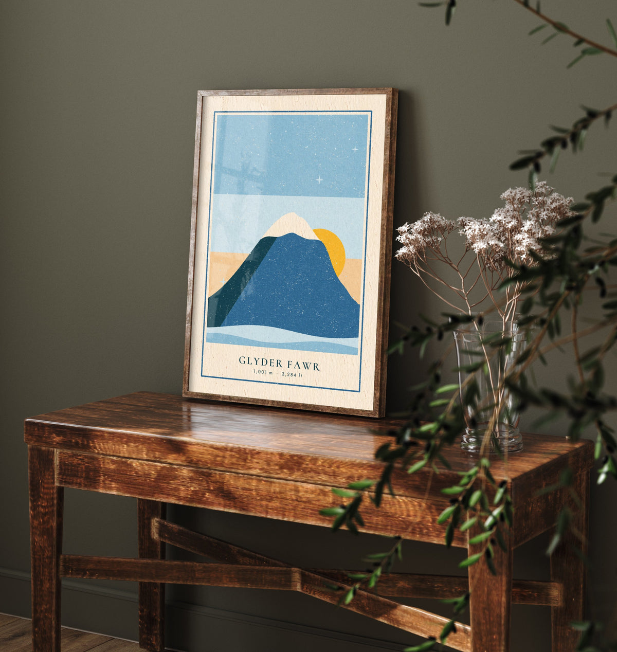 Glyder Fawr Art Print - Snowy Sunrise Eryri Poster - Retro Linocut Mountain Woodcut V1 1/3