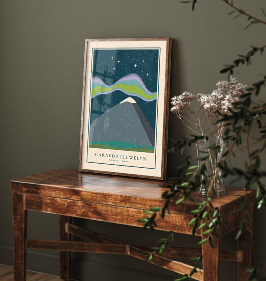 Carnedd Llewelyn Art Print - Northern Lights Welsh Peak Poster - Aurora Night Sky Woodcut V1 2/3