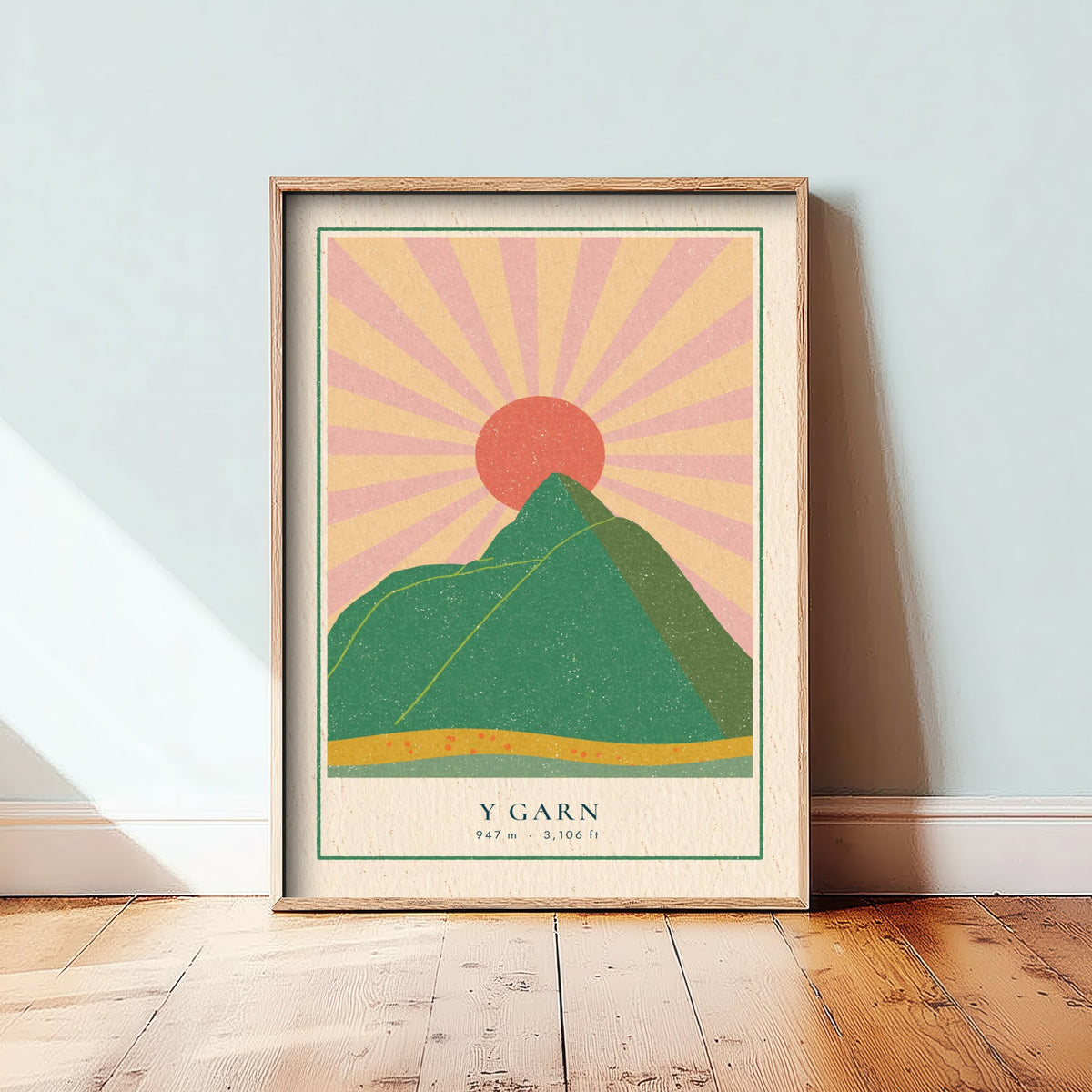Y Garn Art Print - Pink Sunburst Mountain Poster - Eryri Retro Linocut Illustration V1 3/3
