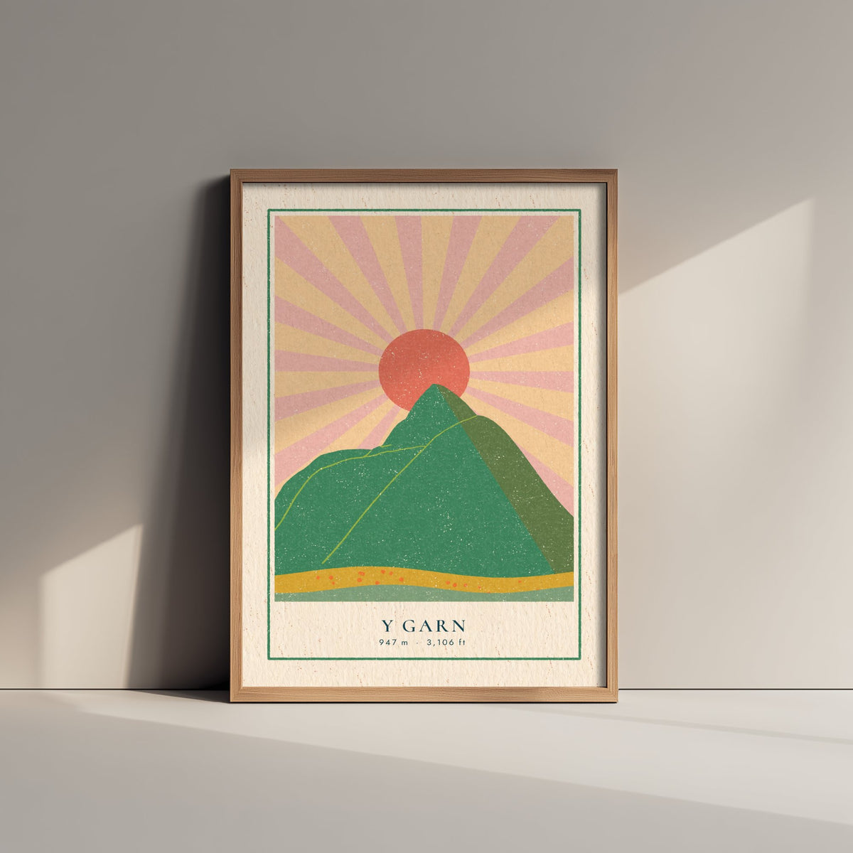 Y Garn Art Print - Pink Sunburst Mountain Poster - Eryri Retro Linocut Illustration V1 3/3