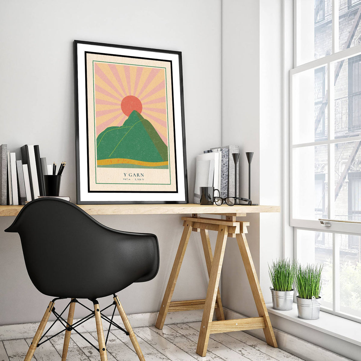 Y Garn Art Print - Pink Sunburst Mountain Poster - Eryri Retro Linocut Illustration V1 3/3