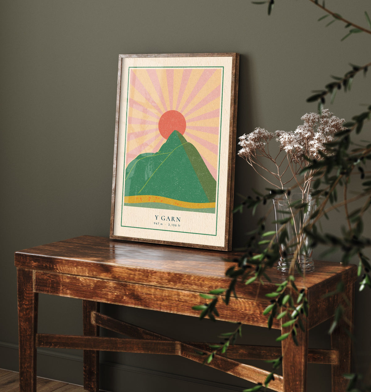 Y Garn Art Print - Pink Sunburst Mountain Poster - Eryri Retro Linocut Illustration V1 3/3