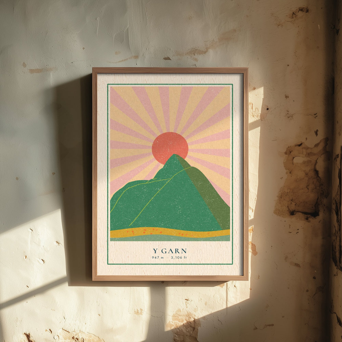 Y Garn Art Print - Pink Sunburst Mountain Poster - Eryri Retro Linocut Illustration V1 3/3