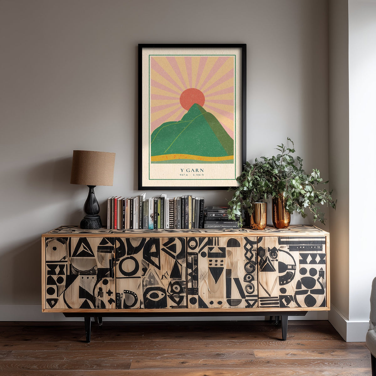 Y Garn Art Print - Pink Sunburst Mountain Poster - Eryri Retro Linocut Illustration V1 3/3